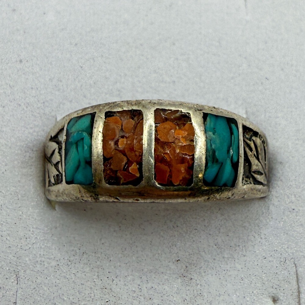 VTG Sterling Silver Turquoise Coral Inlay Native American Ring Sz‎ 8.25 Broken